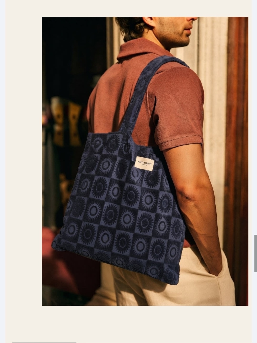 FREE SEZANE/OCTOBRE Navy Patterned Terry Cloth Tote Bag
